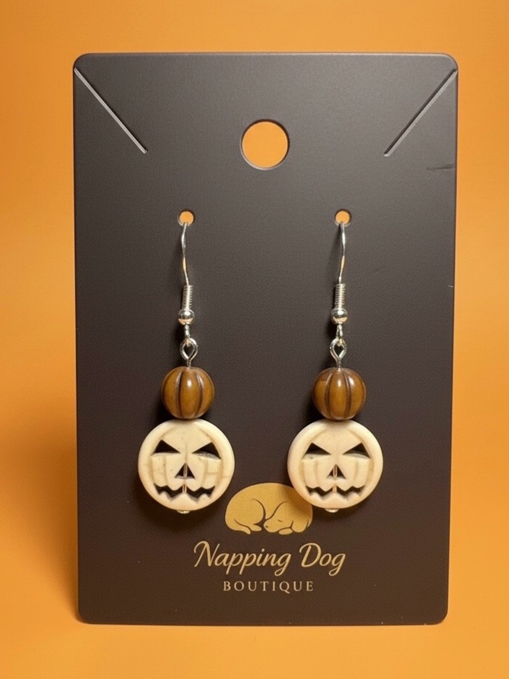 Pumpkin Glass Jack-O'-Lantern Drop Earrings in Brown and Cream